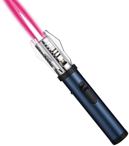 Camping Outdoor Windproof Straight Flame Lighter, Metal Gas Kitchen Torch With Adjustable Flame, Refillable for BBQ (NO Gas) (Blue)