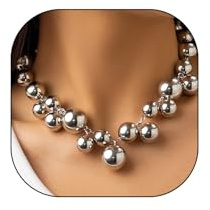 XYTDM Chunky Pearls Statement Choker Necklace for Women Teen Girls,14K Gold Large Beaded Punk Ball Cluster Collar Necklace Party Dainty Jewelry Gift (Silver)