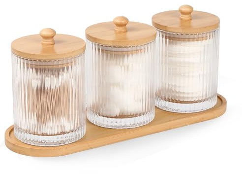 eggs sound 3 Pack Qtip Holder - Bathroom Organizers and Storage, Cotton Round Holder Floss Pick Cotton Ball Holder Swab Dispenser Set with Tray, Glass Apothecary Jars with Lids, -sw clear y