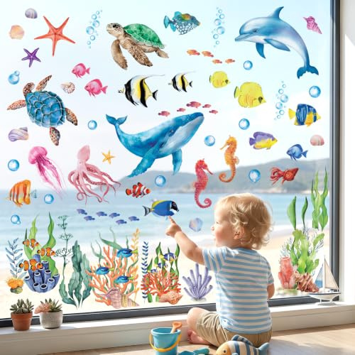 DECOWALL CDS9-9004 Meerestiere Haften Fensteraufkleber Meeresfisch bunte blaue Schildkröte Qualle wiederverwendbar wasserdicht Kinderzimmer Wohnzimmer Heimdekoration Badezimmer Tierbabys