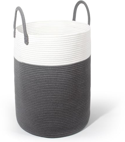 SYLANDO Wäschekorb mit Henkel, Spielzeug Aufbewahrung, Aufbewahrungsbox Geflochten, Wäschesammler Groß, Aufbewahrungskorb Kinderzimmer (Dunkelgrau, D 38 x H 50 cm)
