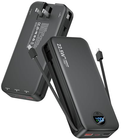 citicr Portable Charger Power Bank, 20000mAh PD20W USB C Fast Charging with Built-in Cables & Wall Plug, External Battery Bank with LED Display, Travel Essential for iPhone, iPad, Samsung Black