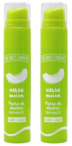 The Fruit Company Pasta Dental Flúor + Calcio Sabor a MELÓN Pack de 2 Unidades | 75 ml cada uno | sin azúcar en Fórmula Vegana | Sonrisa Perfecta