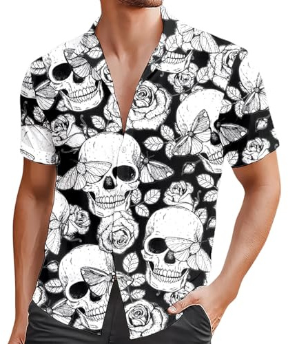 RUMAOZIA Camisa de manga corta para hombre, para vacaciones, para el tiempo libre, verano, manga corta, con estampado de calavera, estampado de calavera, camisa hawaiana, multicolor, arco iris, camisa