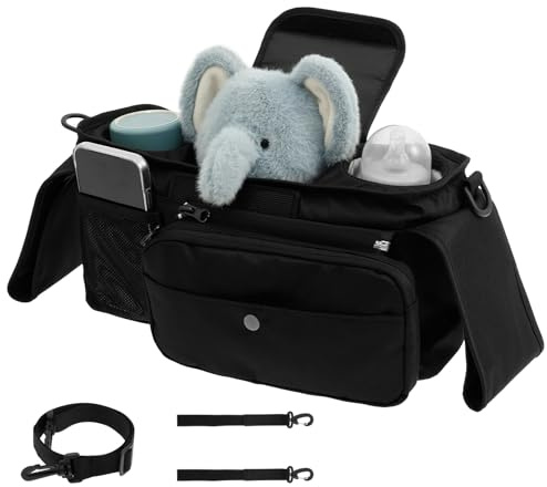 KTCINA Stroller Organizer with Cup Holder, Universal Pram Organiser Bag with Detachable Wristband Pocket & Adjustable Shoulder Strap Large Pram Buggy Organiser Bag Pushchair Caddy Accessories(Black)