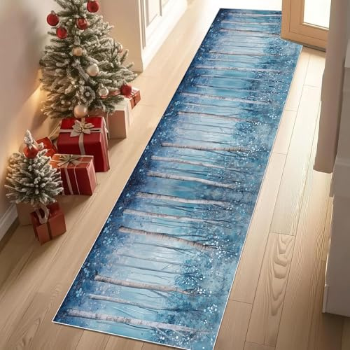 Meugesoi Ölgemälde Birkenwald Teppich Flur Läufer Natur Landschaft Teppichläufer Küchenläufer Carpet rutschfest Waschbar für Bettvorleger Flur Küche Waschküche 80 X 180 cm