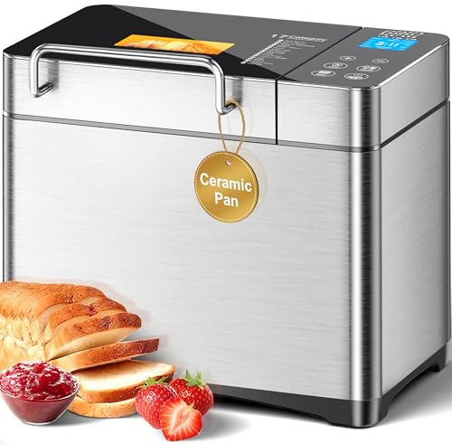KEEPEEZ 2.2LB Automatic Bread Maker Ceramic Pan, 17-in-1 Stainless Steel Bread Maker Machines UK with Nut Dispenser, Touch Panel, Gluten-Free, Sourdough, Jam, Yougurt, 3 Crust Settings, 15H Timer