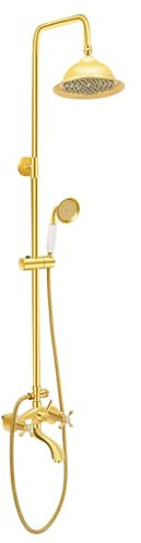 awolsrgiop Vintage Messing Duschsystem, Vintage Duschsäulen-duschgarnitur Gold, Duscharmatur-Set mit Kopfbrause, Handbrause Gold und Duscharmatur, Retro Rund Golden, Schlauchlänge 150cm