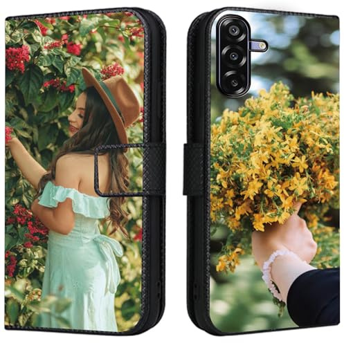 CAXKJE Lederhülle für Samsung Galaxy S25 FE Personalisierte Handy Hülle,mit Eigenem Foto Bild Text Individuelle Schutzhülle,Leder Flip Case Schutzhülle Stoßfest Hülle -SAMHD-Black