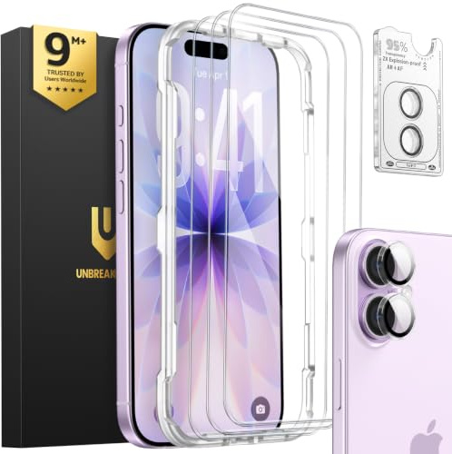 UNBREAKcable iPhone 17 Panzerglas Schutzfolie 3 Stück, Verbessertes Doppelt Gehärtetes Glas + 3 Kamera Schutz, Military-Grade 9H Härte, HD-klar, Anti-Fingerprint, Hüllenfreundlich, 6,3 Zoll