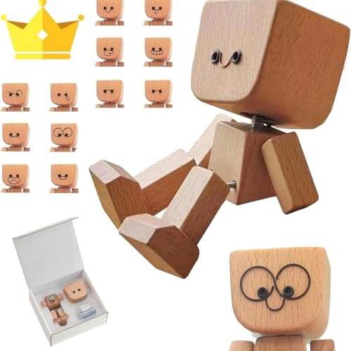 Wutobang Shaking Feet Wooden Doll,Shaking Wooden Man Figurine,Wood Figure with Spring Legs,Handmade Car Dashboard Accessories with 12PCS Magnetic Expressions,Gifts for Wife Daughter