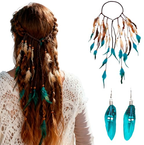 RAOPNHS Boho Feder Haarband Set Für Damen Mit Ohrringen,Hippie Kostüm Damen,Tribal Hippie Haarschmuck Für Indianer Kostüm Damen, Verstellbarer Kopfschmuck Für Festivals & Partys ﻿