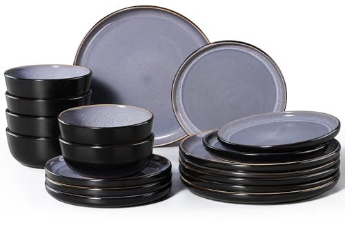 HaWare Geschirrset 6 Personen, 18-tlg Steingut Geschirr Teller Set Reaktive Glasur Tafelservice Set mit Speiseteller Dessertteller und Müslischüsseln, Mikrowellen- und Spülmaschinenfest, Grau