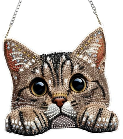 QENSPE Katze Diamond Painting Anhänger, 5D niedliches Tier Diamant Malerei Set Erwachsene Lebensbaum Krystal Art Fensterbilder, Hängend Ornament Tür Wand Veranda und Garten Dekoration