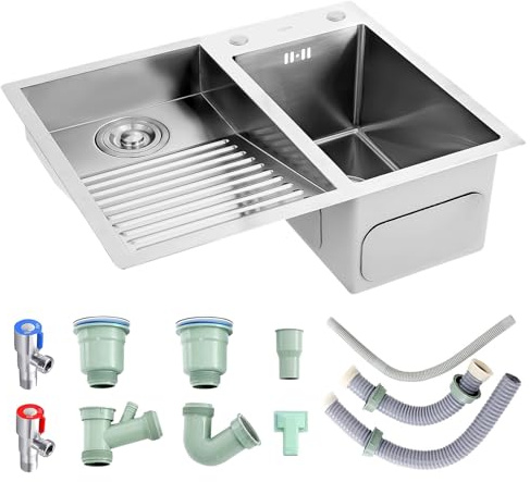 KUYBTU Large Washbasin with Washboard for Garages and Basements, 304 Stainless Steel Sink, Robust Sink Double Bowl, Drain Sets-Silver-a-60cm-Left