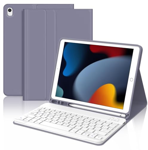 FOGARI Teclado para iPad 9/8/7 Generacion 2021/2020/2019 10.2 | Funda con Español Ñ Teclado Magnético Desmontable Bluetooth para iPad 9/8/7 Generación 10.2 Pulgadas, Púrpura