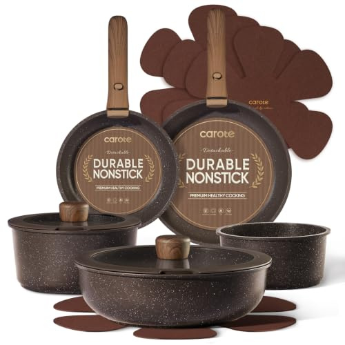 CAROTE 13-Piece Pots and Pans Set Non Stick with Detachable Handle,Brown, | Oven Safe,Dishwasher safe,All Hob Compatible,Induction Cookware,Marble-Effec coating