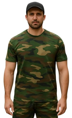 Game Technical Apparel Mens Camouflage Short Sleeve Crew Neck Camo T-Shirt Army Hunting Fishing Outdoor Sports Casual Double Stitch Detail 200gsm Regular Fit Reinforced Neck