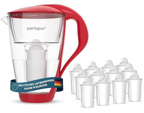 perlopur® Glas-Wasserfilter (rot) +12 Filterkartuschen Universal | Borosilikatglas, 2 l gesamt, 1 l gefiltert, LED-Anzeige, für classic Kartuschen, reduziert Kalk, Chlor & andere Schadstoffe