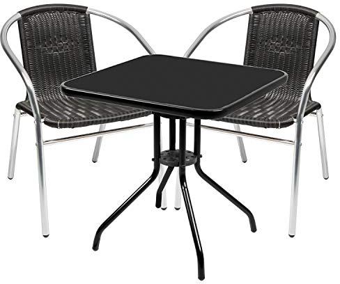 Mojawo® Bistrogarnitur 3-teilig Bistrotisch Metall eckig L60xB60xH70cm + 2 Stapelsessel Aluminium/Rattan Schwarz