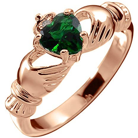 GWG Jewellery Anillo de Claddagh, Chapado en Oro Rosa 18K Dos Manos Que Rodean Corazón de Piedra de Color Esmeralda Verde con Corona - 10 en Caja de Regalo para Mujeres