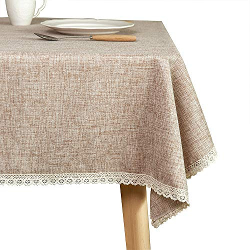 GLORY SEASON Linen Rustic Burlap Washable Tablecloth,Solid Heavy Weight 60 x 102 Rectangle Overlay Lace Edge Table Cover for Kitchen Dinning Decoration