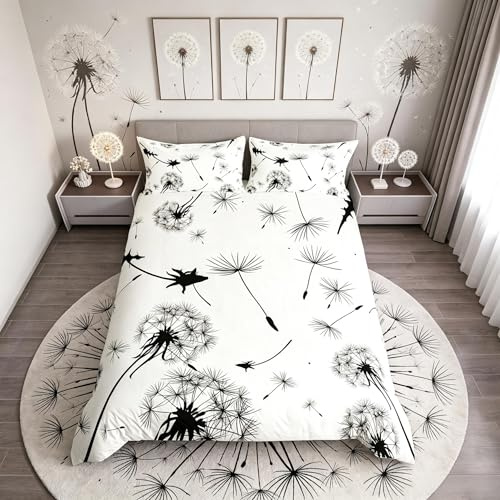 Set di biancheria da letto con stampa floreale botanica, motivo floreale, copripiumino per bambini e donne, nero, bianco, a tema naturale