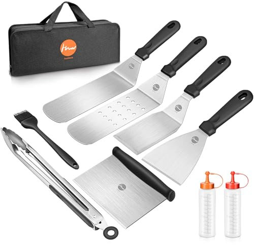 Huolewa Grillspachtel Set, Edelstahl 9 Pcs Flat-Top-Grillbesteck Set, Profi BBQ Zubehör Grillwender mit Turner-Bürstenflaschen und Tragetasche, Idee für Grillen im Freien, Teppanyaki und Camping