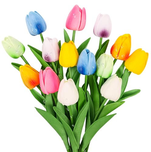 Beferr 14 Pcs Tulips Artificial Flowers Realistic, Fake Rubber Tulips Plastic Flowers for Home Garden Wedding Party Indoor Outdoor Grave Decoration (Mixed Color)