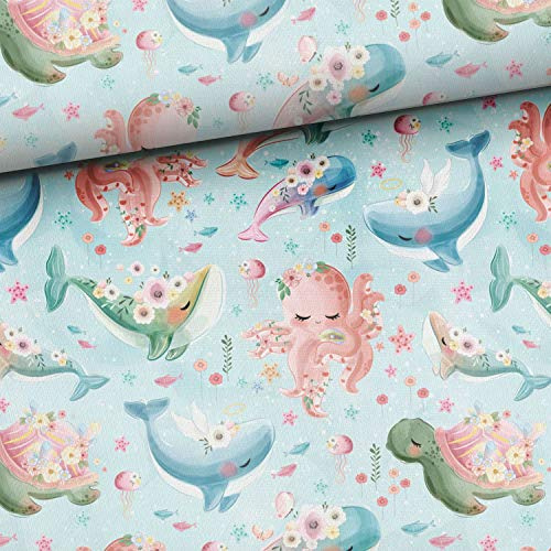 50x150cm Unterwasserwelt Premium Baumwollstoff - Kinderstoffe aus 100% Baumwolle - Stoffe zum Nähen für Kinder & Baby - Meerestiere Muscheln Fische Kinderstoff - keine Meterware - Meeresfreunde