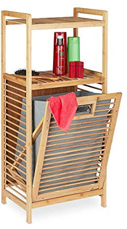 relaxdays Meuble à Linge, avec bac Pliable, 2 Surfaces de Rangement, Bambou et Tissu, HLP 95 x 40 x 30 cm, Nature/Gris