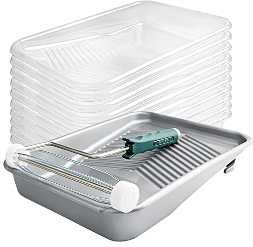 Mister Rui 12 Pack 9 Inch Disposable Paint Tray with Liner and 5 Wire Roller Frame, Plastic Washable and Reusable, Textured Deep Capacity Paint Tray