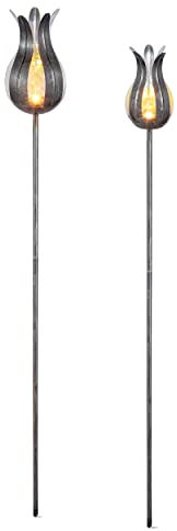 esotec Solar Blumen-Stableuchten Lilie, 2er Set, silber, 12+15cm, Crackle Bruchglas Solarkugel, Akku, Solarmodul, Gartenfackel, Solarleuchte, Solarfackel, metall, außen, wetterfest, outdoor 103110