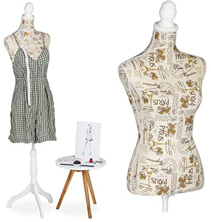 Relaxdays Schneiderpuppe weiblich, höhenverstellbar, H x B x T: 167 x 41 x 34 cm, Schaufensterpuppe, Dekobüste, Creme