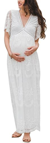 LAEMILIA Robe de Grossesse Shooting Photo Robe Longue Eté Femme Enceinte Robe Maternité Photographie Dentelle Manche Courte Robe Grossesse Soirée Chic Tenue Photo Grossesse Grande Taille S-XL