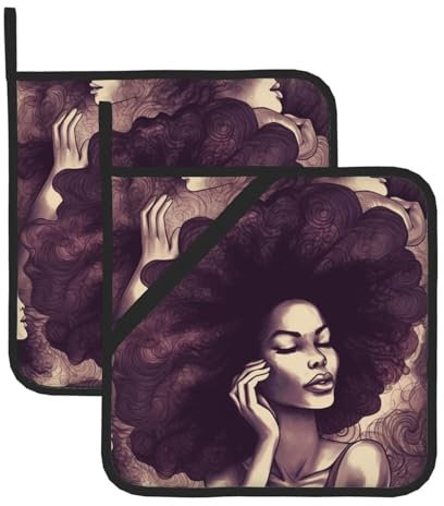 Set di 2 presine con capelli africani neri da donna per cucina, lavabili e resistenti al calore, cuscinetti caldi o cucina cottura forno a microonde barbecue