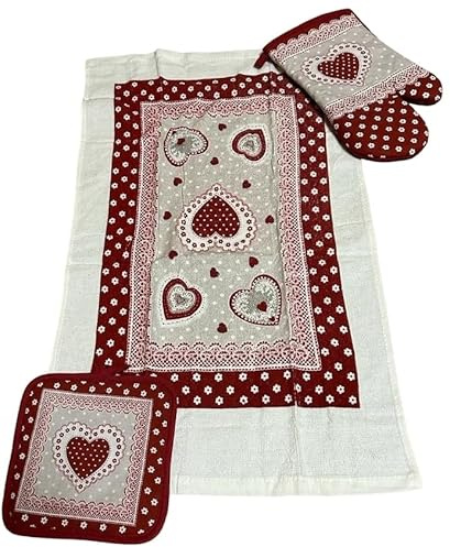 Generico SET TRE PEZZI CUCINA- COMPOSTO DA STROFINACCIO+GUANTONE + PRESINA - MADE IN ITALY - IDEA REGALO - NATALE- MOTIVO CUORI