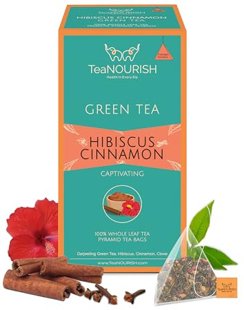 TeaNOURISH Hibiskus-Zimt-Grüntee | 20 Pyramiden-Teebeutel | Darjeeling ganzes Blatt | 100% natürliche Hibiskusblüte, Zimt und Nelke | Köstlich und erfrischend