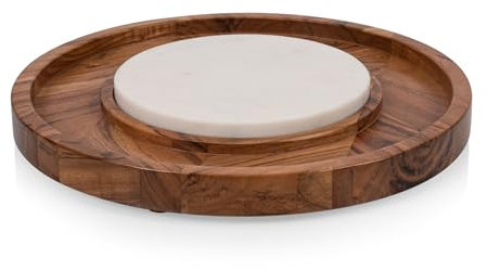 PICNIC TIME Isla Platter Cheeseboard Insert, Charcuterie Board Set, Round Serving Tray, 13.8 x 13.8 x 1.2, Acacia Wood with Marble
