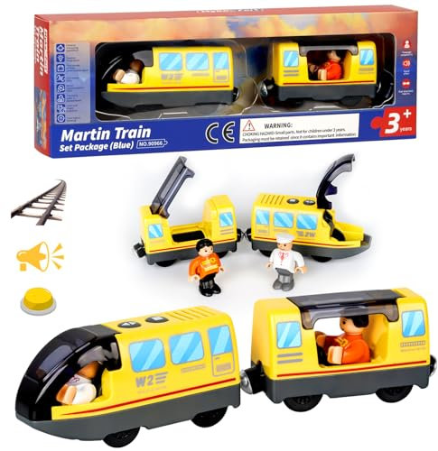 Corpower Eisenbahn Elektrische lok Holzeisenbahn Zug (Magnetanschluss), Batteriebetriebenes Zugset, Leistungsstarker Motorzug Kompatibel mit Thomas, Brio, Chuggington, Empfohlen ab 3 Jahren, Gelb