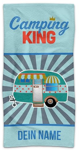 Print Royal PR Personalisiertes Handtuch für Camper mit Spruch - Camping King - mit Name Bedrucken | Camping Badetuch selbst gestalten, Individuelles Fotogeschenk für Campingfreunde - 140 x 70 cm