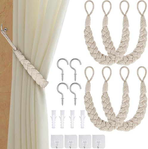 Annickee 4 Stück Vorhang Raffhalter, Handgestrickte Vorhang Halter 60cm, Vorhanghalter Rope Buckle, Boho Vorhanghalter Baumwollseil Gardinenhalter, Vorhang Halter für Zuhause, Kinderzimmer und Büro