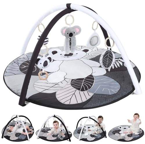 Cottonbebe 4 IN 1 Spielbogen Baby, Schwarz und weiß Spielmatte Babies mit 5 abnehmbaren Spielzeugen zum Greifen, für 0-3-6-12-36 Monaten
