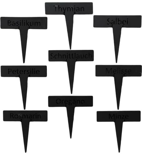 Schwarzes 9-teiliges Kräuterstecker-Set Metall - Hochbeet Kräuterbeet & Gewächshaus Kräuterschilder für Garten und Balkon - Witterungsbeständige Metall Pflanzenschilder Kräutergarten 16 x 16 cm