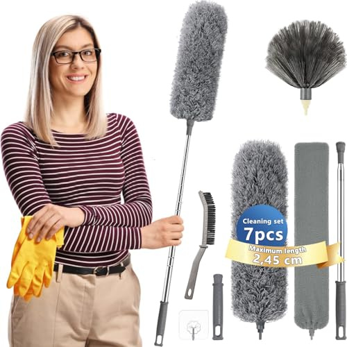 Feather Duster,Dusters For Cleaning Extendable,With30-245cm Pole Telescopic Cobweb Brush Grey7Pcs