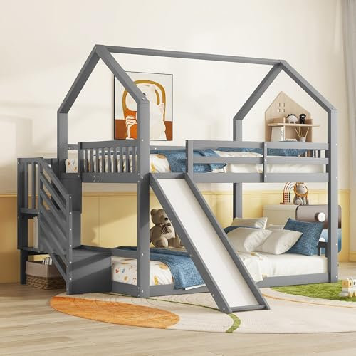 Lit superposé pour enfant - 140 x 200 cm - Lit mezzanine avec escalier de rangement et toboggan - Cadre de lit double - En bois de pin - Multifonction - Avec sommier à lattes et balustrade - Gris