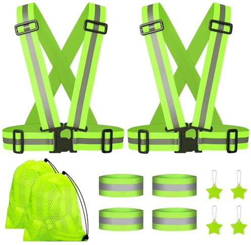 YANSYUN Reflektorweste Warnweste Set, 2er Reflektierende Weste & 4 Reflektorbänder & 4 Reflektor Anhänger für Kinder Erwachsene Fahrrad Laufen Outdoor Sports