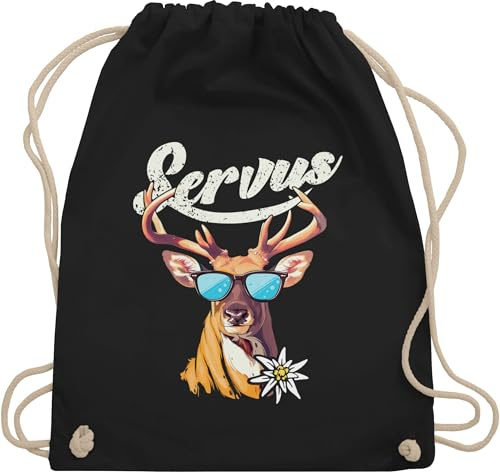 Turnbeutel Rucksack - Kompatibel mit Oktoberfest Tasche - Servus Hirsch - Unisize - Schwarz - trachtenrucksack bayrische beutel trachtentaschen bayrisch oktoberfest-tasche bayern trachtenrucksäcke