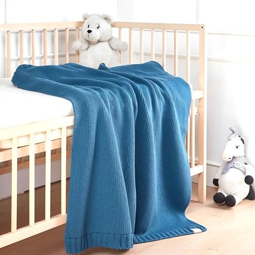 EVERSOFT FABRICS Premium Babydecke, 550 g, 100 % Bio-Baumwolle, Öko-Tex 100 zertifiziert, extra dick und gemütlich, ideal für Winter und kalte Monate, weicher Strick (Blau)