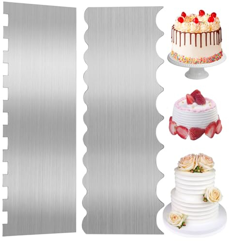 Cake Scraper Smoother Cake 2pcs 9 Inch,Stainless Steel Cake Scrapers Double Sided Patterned Edge Stripe Wave Scraper Cake Icing Smoother Tools for Mousse Butter Cream Cake Decoration